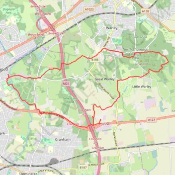 Harold Wood - Cranham - Thorndon CP - Tylers Common trail, distance, elevation, map, profile, GPS track