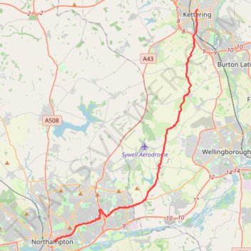 Walking from Kettering to Northampton via various PRoW paths trail, distance, elevation, map, profile, GPS track