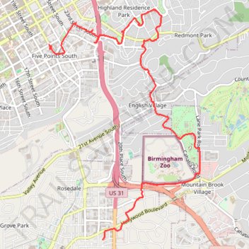 Walking Five Points, Highland Park, Key Circle, Botanical Gardens, Mountain Brook Village trail, distance, elevation, map, profile, GPS track