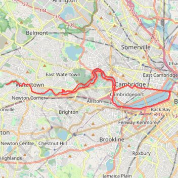 Charles River Trails in Watertown, Newton, Cambridge, Boston trail, distance, elevation, map, profile, GPS track